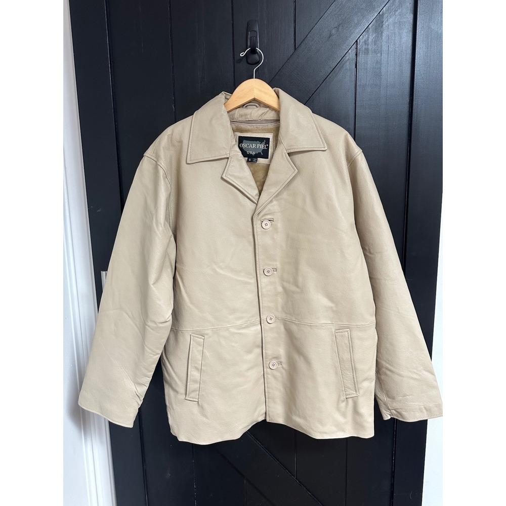 Oscar Piel Mens Genuine Leather Jacket Beige Faux Fur Removable Liner Size S